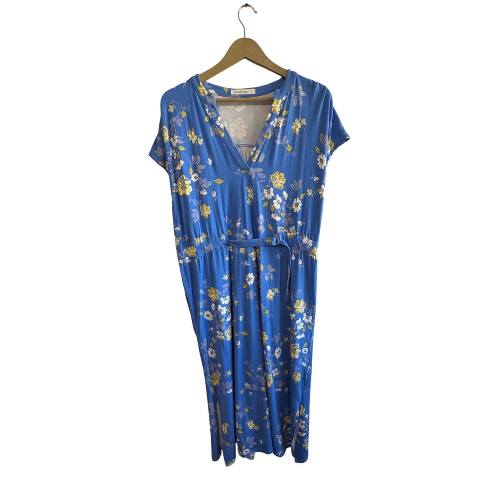 WoolOvers Size Large Bamboo Blue White Yellow Floral Cap Sleeve Dress Travel